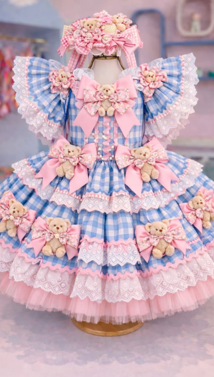 vestido junino azul e rosa